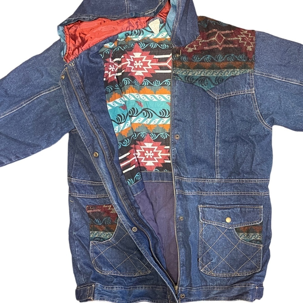 Vintage Out Brook South West Country Tribal Print Ranch Chore Heavy Denim Coat - Picture 9 of 10